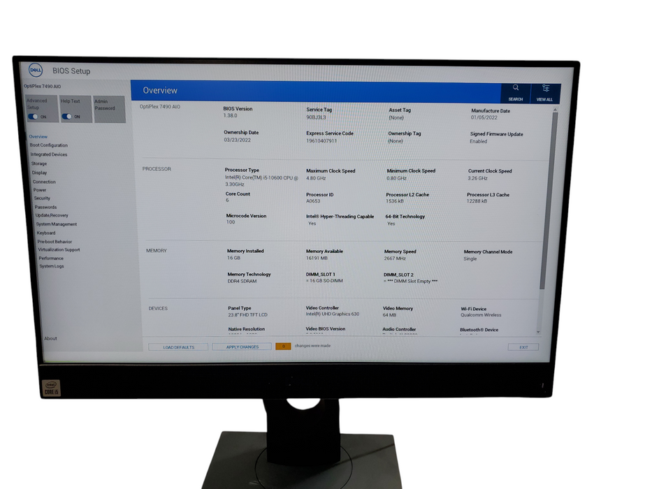Dell OptiPlex 7490 AIO,  i5-10600@3.30GHz, 16GB DDR4, 256GB NVMe