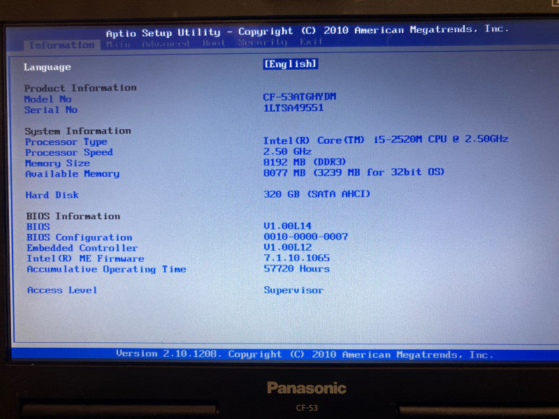 PANASONIC TOUGHBOOK Laptop CF-35 Intel i5-2520M 8GB RAM 320GB HDD 57720 Hours