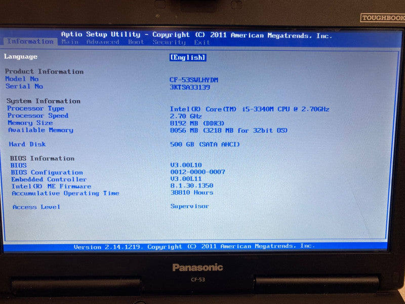 PANASONIC TOUGHBOOK Laptop CF-53 Intel i5-3340M 8GB RAM 500GB HDD 38810 Hours