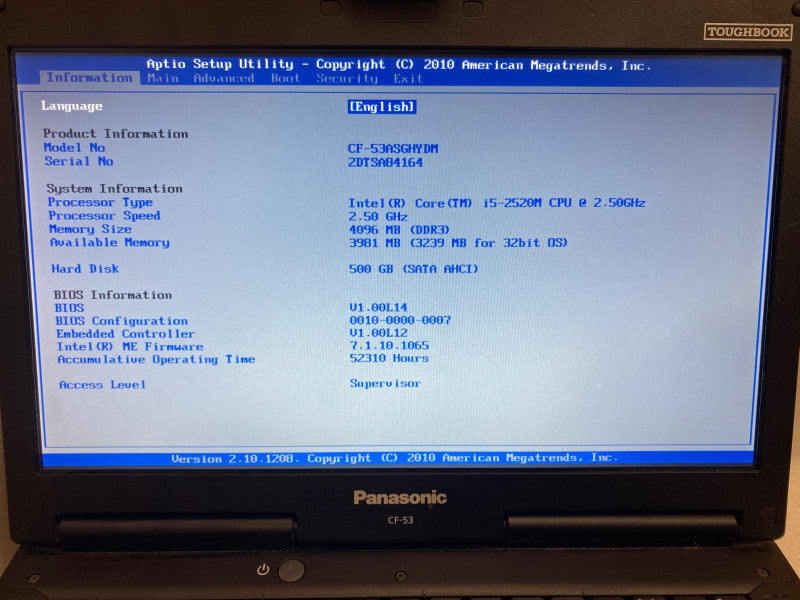PANASONIC TOUGHBOOK LAPTOP Intel Core i5-2520M 4GB RAM 500GB HDD 52310 Hours