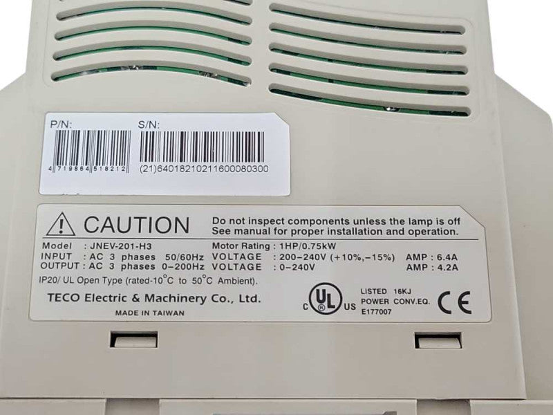 TECO JNEV-201-H3 1HP/0.75KW Motor Rating 3-Phase AC 0-200Hz 0-240V Output SEE Q_