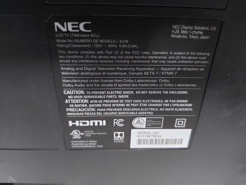NEC MultiSync E436 Large Form Panel 43\\" S-IPS  1920 x 1080 8ms 60hz 3x HDMI #
