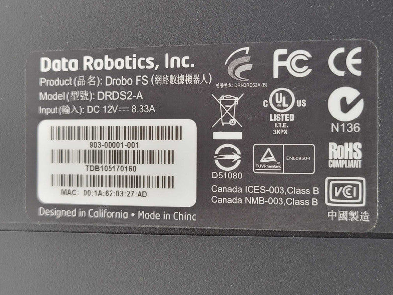 Drobo Data Robotics Drobo FS DRDS2-A 5-Bay NAS with 2x 4TB HDDs, READ _