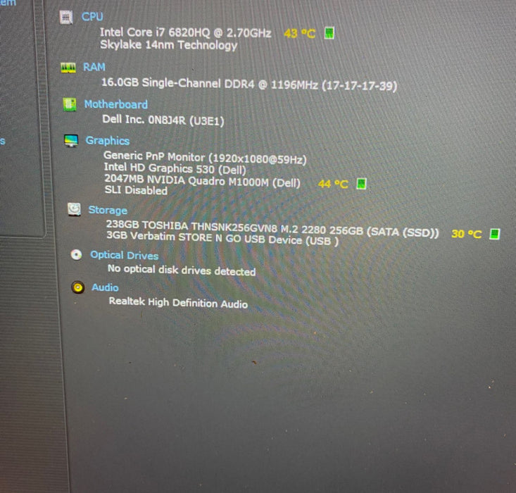 DELL PRECISION 5510 Laptop i7-6820HQ QUADRO M1000M 2GB GPU 16GB RAM 256GB SSD