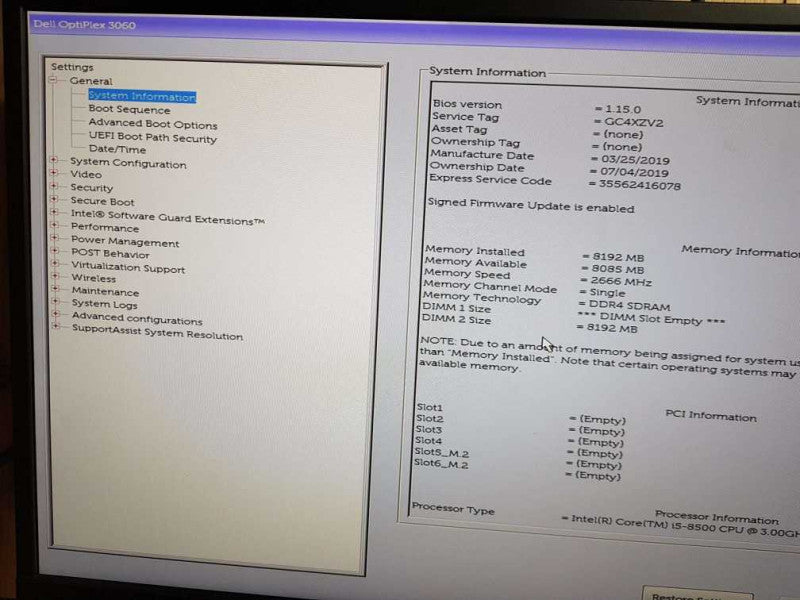 Dell OptiPlex 3060 SFF i5 - 8500 CPU @  3.00GHz 8GB DDR4 Ram