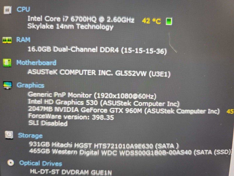 ASUS ROG GL552V i7-6700HQ, 16GB DDR4, 2GB GTX 960M, 512GB SSD+ 1TB SSD *READ Î²