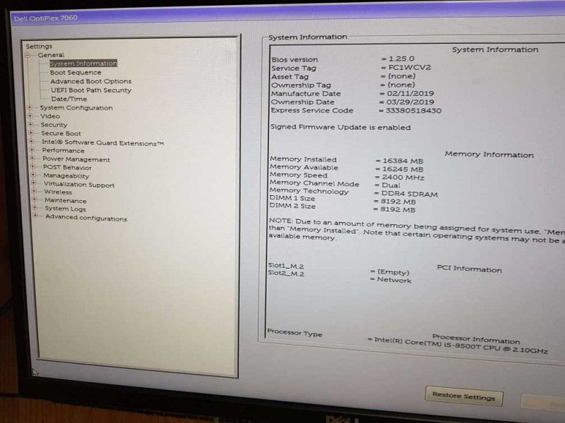 Dell Optiplex 7060 USFF i5 - 8500T CPU @ 2.10Ghz 16GB DDR4 Ram