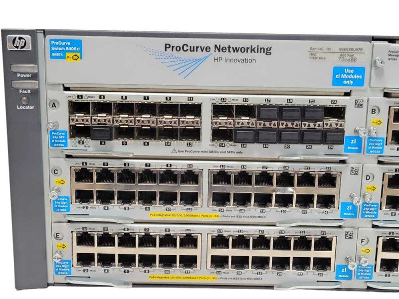 HP ProCurve J8697A E5406 ZL Network Switch With 5x J8702A, 1x J8706A, 2x PSU _