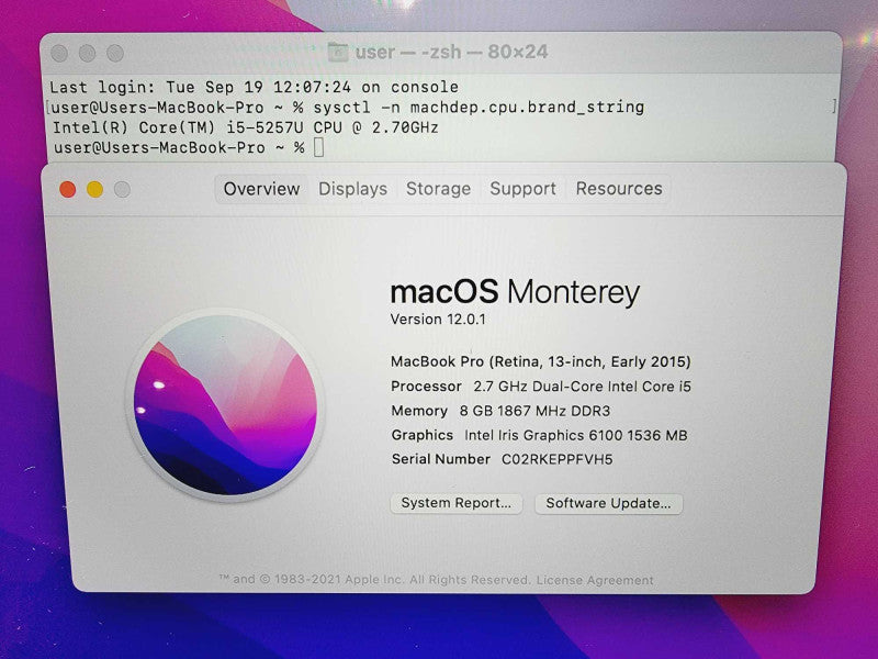Apple Macbook Pro Retina 2015 13\\" Core i5-5257U @ 2.7GHz 8GB DDR3 250GB SSD [Read] (