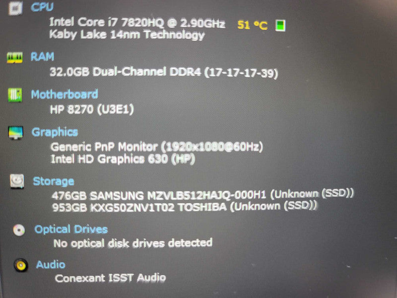 HP ZBook 17 G4 i7-7820HQ @ 2.90GHz, 32GB DDR4, 512GB + 1TB m.2 *NO AC ADAPTER QÎ²