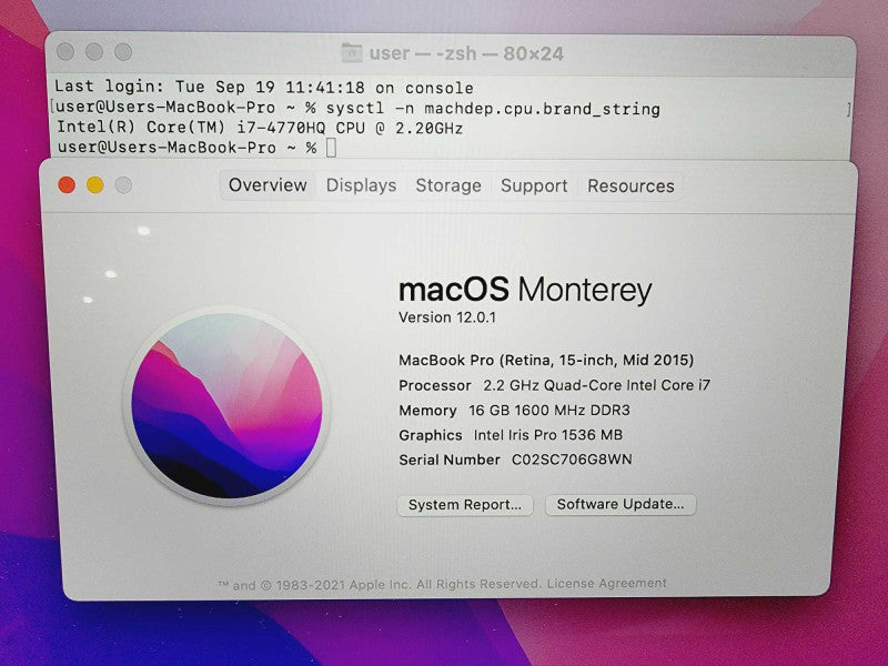 Apple Macbook Pro Retina 2015 15\\" Core i7-4770HQ @ 2.2GHz 16GB DDR3 250GB SSD (