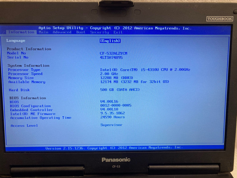 PANASONIC TOUGHBOOK CF-53 Intel i5-4310U @2.0GHz 12GB RAM 500GB HDD 24590 Hrs