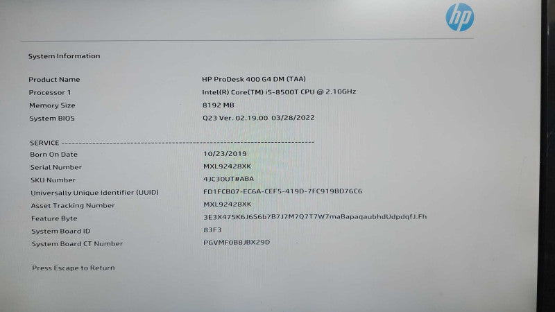 HP ProDesk 400 G4 i5-8500T @ 2.10ghz / 8gb ram / VGA adapter / READ #