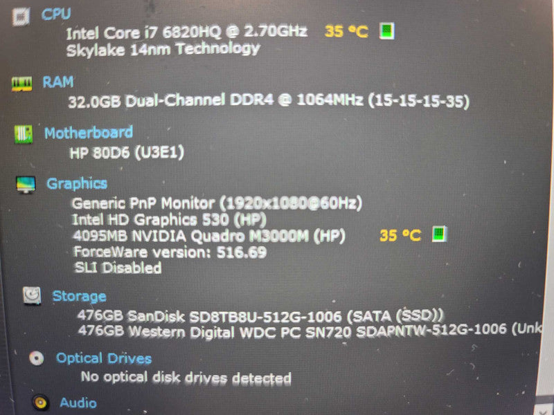 HP ZBook 17 G3 I7-6820HQ, 2.70GHz, 32GB DDR4, 4GB Quadro M3000M, 512GB SSD x2 Î²
