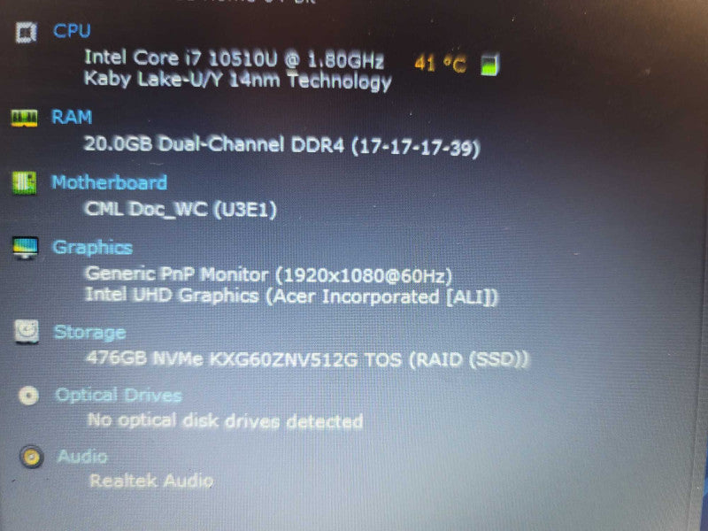 Acer Aspire A515-54, 20GB DDR4, i7-10510U, 512GB m.2 *READ* Î²
