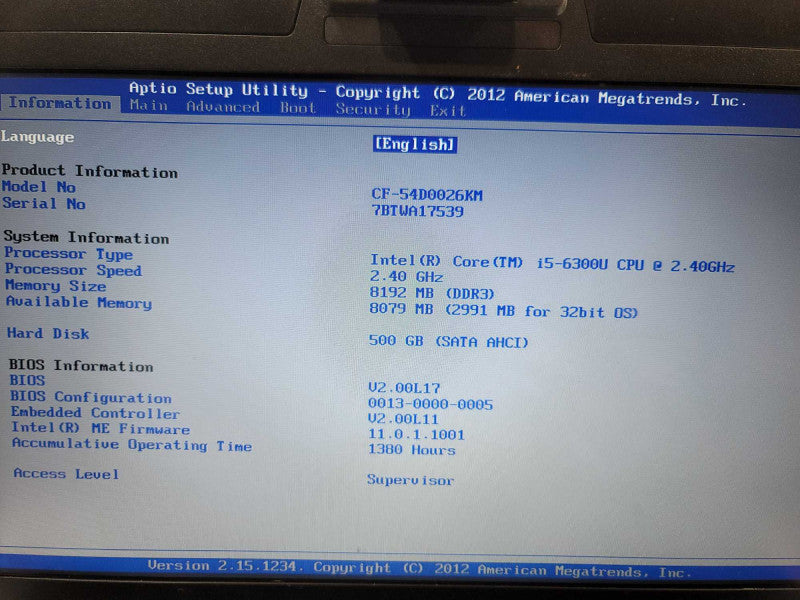 Panasonic ToughBook CF-54 i5-6300U @ 2.40GHz, 16GB DDR4, 500GB HDD, 1380HOURS Î²