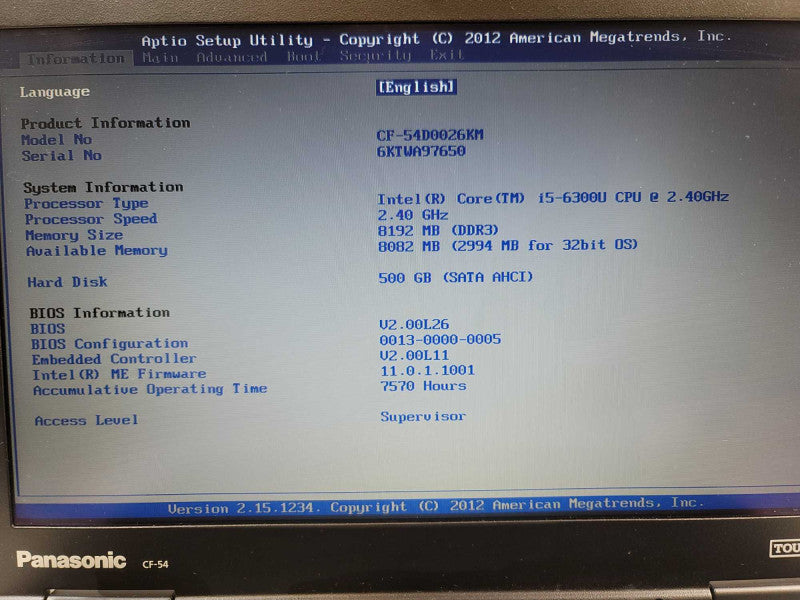 Panasonic ToughBook CF-54 i5-6300U @ 2.40GHz, 8GB DDR4, 512GB SSD, 8820 Hours Î²