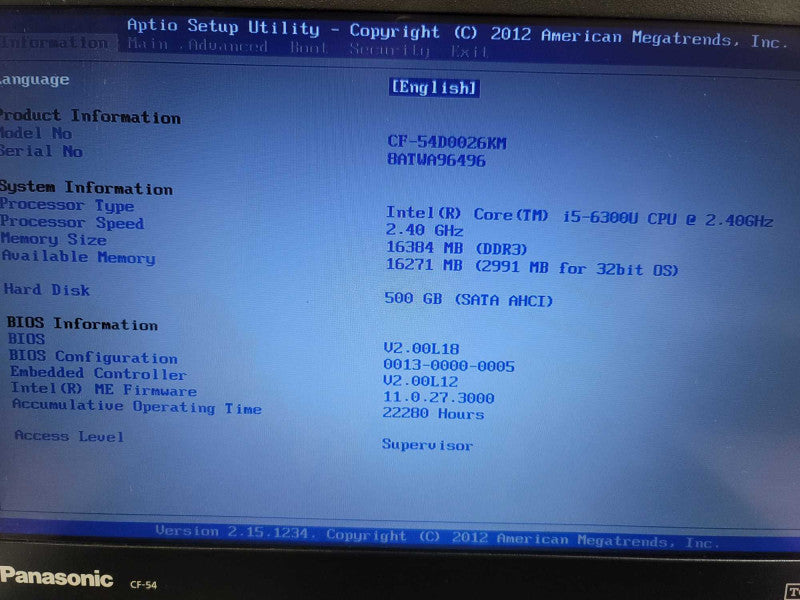 Panasonic ToughBook CF-54 i5-6300U @ 2.40GHz, 16GB DDR4, 500GB HDD 22280 HOUR Î²
