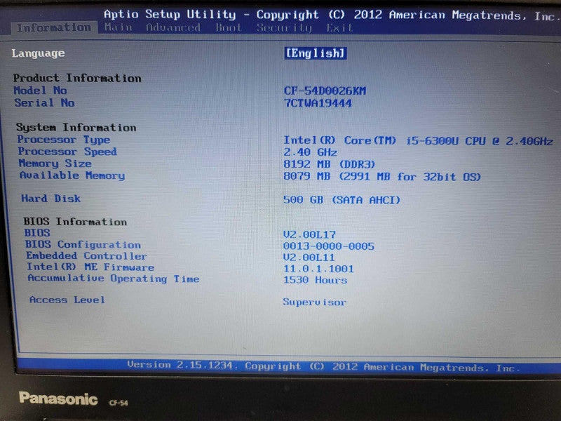 Panasonic ToughBook CF-54 i5-6300@ 2.40GHz, 8GB DDR4, 500GB HDD READ Î²