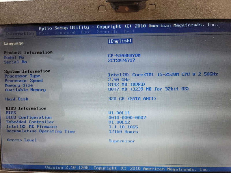 Panasonic ToughBook CF-53 i5-2520M@ 1.50GHz, 8GB DDR3, 320GB HDD, 12160 HOURS Î²