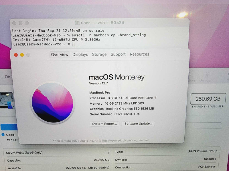 Apple Macbook Pro 2016 13\\" Core i7-6567U @ 3.3GHz 16GB DDR3 250GB SSD (