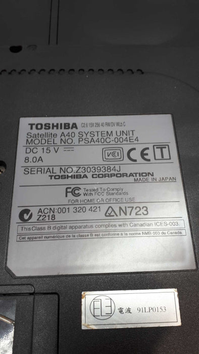 Toshiba Satellite A40 laptop Celeron- Model psa40c 004e4 Vintage Laptop &