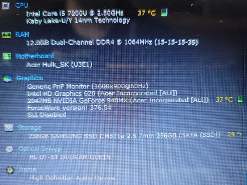 Acer Aspire E5-774 i5-7200U @ 2.50GHz, 12GB DDR4, 2GB GeForce 940MX, 256GBm.2 Î²