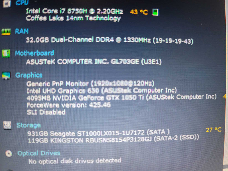 ASUS ROG GL703GE i7-8750H 32GB DDR4, 4GB GTX 1050 Ti, 128GB m.2 + 1TB HDD *RE Î²
