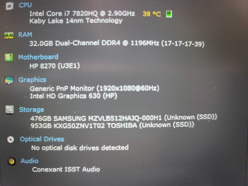 HP ZBook 17 G4 i7-7820HQ @ 2.90GHz, 32GB DDR4, 512GB + 1TB m.2 Î²