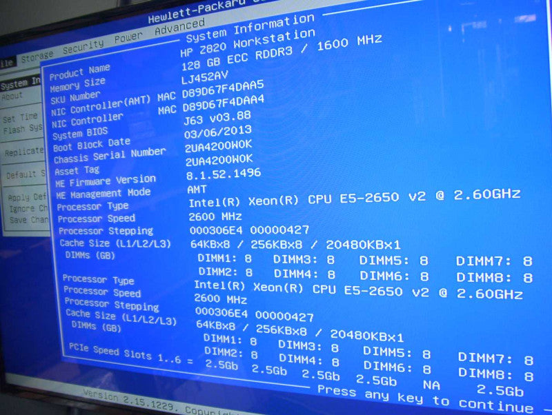 HP Z820 WS 2x E5-2650 2.6GHz 8-Core 128GB DDR3 K4000 GPU Blu-ray 1125W PSU* *