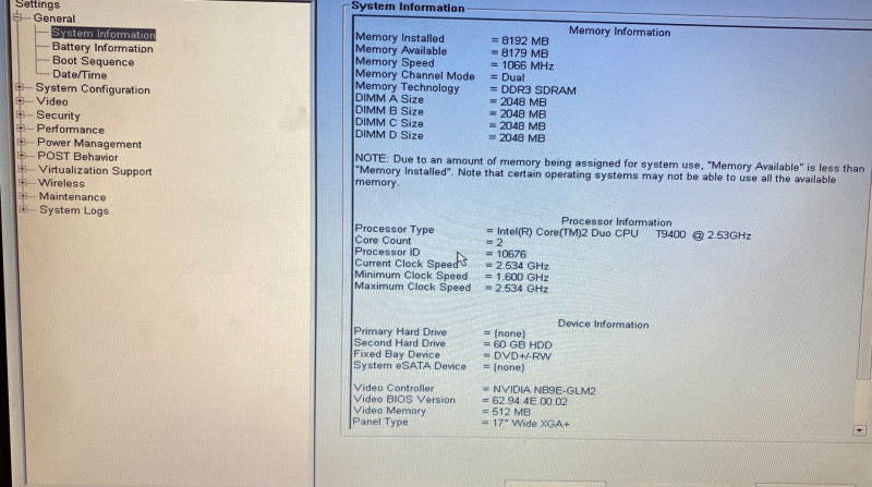 DELL Precision M6400 Intel Core 2 Duo T9400 NVIDIA NB9E-GLM2 8GB RAM 60GB SSD