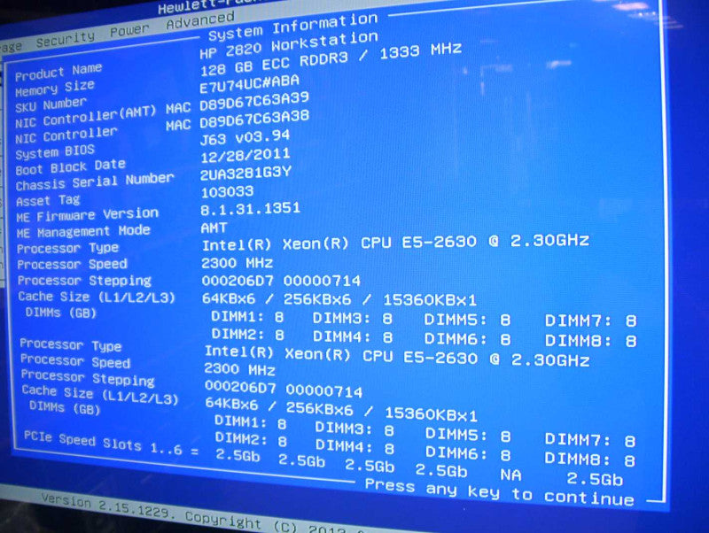 HP Z820 WS 2x E5-2630 2.3GHz 6-Core 128GB DDR3 K4000 GPU Blu-ray 1125W PSU *