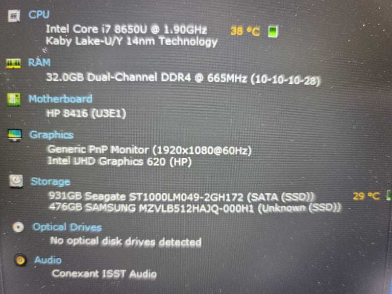 HP ProBook 650 G4 i7-8650U@ 1.90GHz, 32GB DDR4, 512GB m.2 + 1 TB SSD **No bat Î²