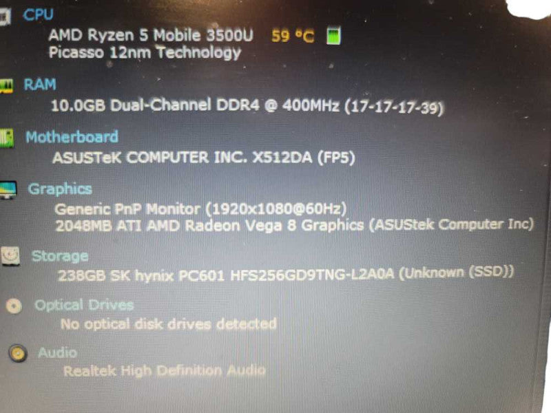 Asus VivoBook X512D AMD Ryzen 5 3500U, 10GB DDR4, 2GB Radeon Vega 8, 256gb  Î²