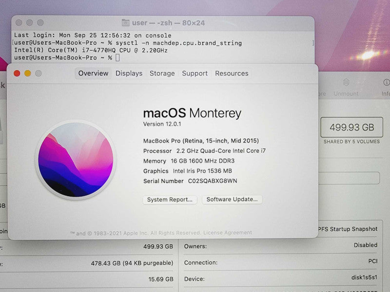 Apple Macbook Pro Retina 2015 15\\" Core i7-4770HQ @ 2.2GHz 16GB DDR3 500GB SSD [Read] (