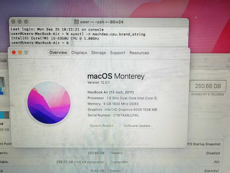 Apple Macbook Air 2017 13\\" Core i5-5350U @ 1.8GHz 8GB DDR3 250GB SSD (