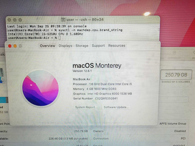Apple Macbook Air 2015 13\\" Core i5-5250U @ 1.6GHz 4GB DDR3 250GB SSD (