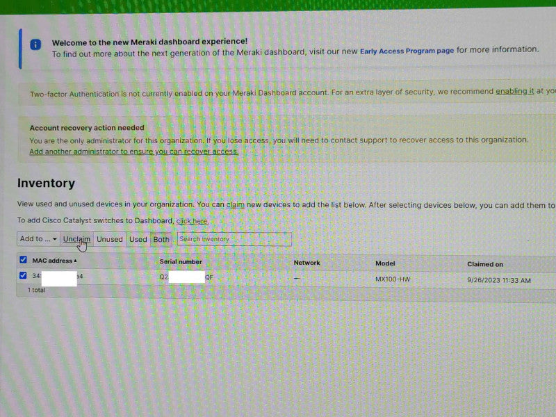Cisco Meraki MX100 Cloud Managed Security Appliance MX100-HW Unclaimed _