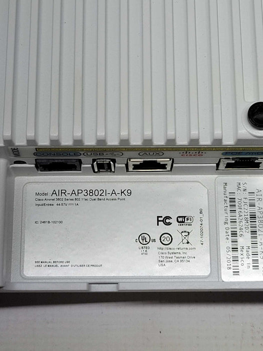 Cisco AIR-AP3802I-A-K9 Access Point Aironet 3802 A Domain 802.11ac 5.2 Gbps Q