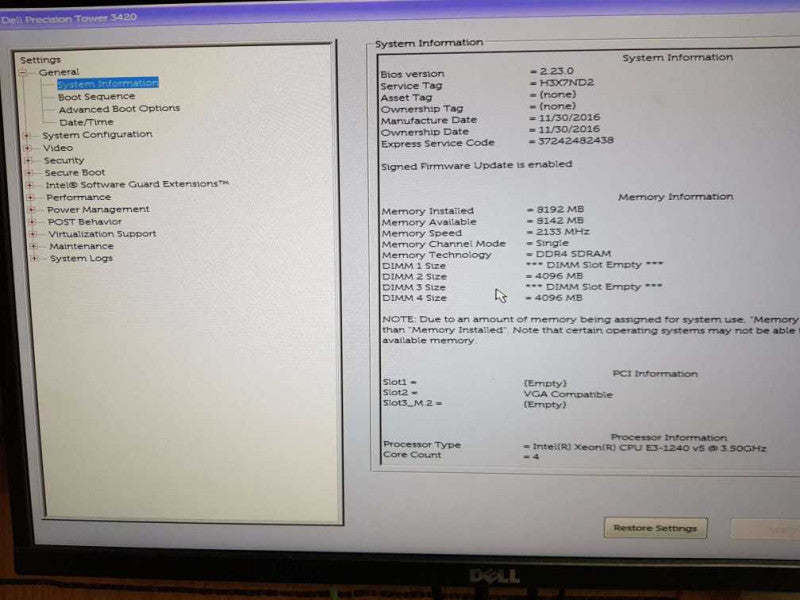 DELL PRECISION TOWER 3420 INTEL XEON E3-1240 V5 @ 3.50GHZ  8GB