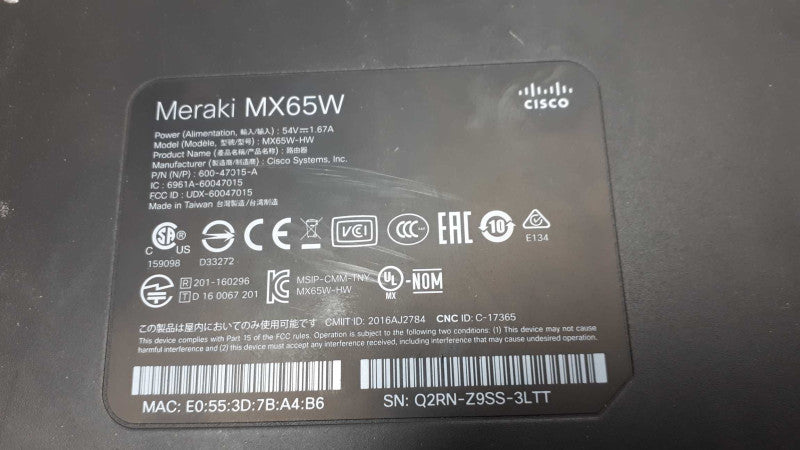 Cisco Meraki MX65W Router Unclaimed 600-47015A &