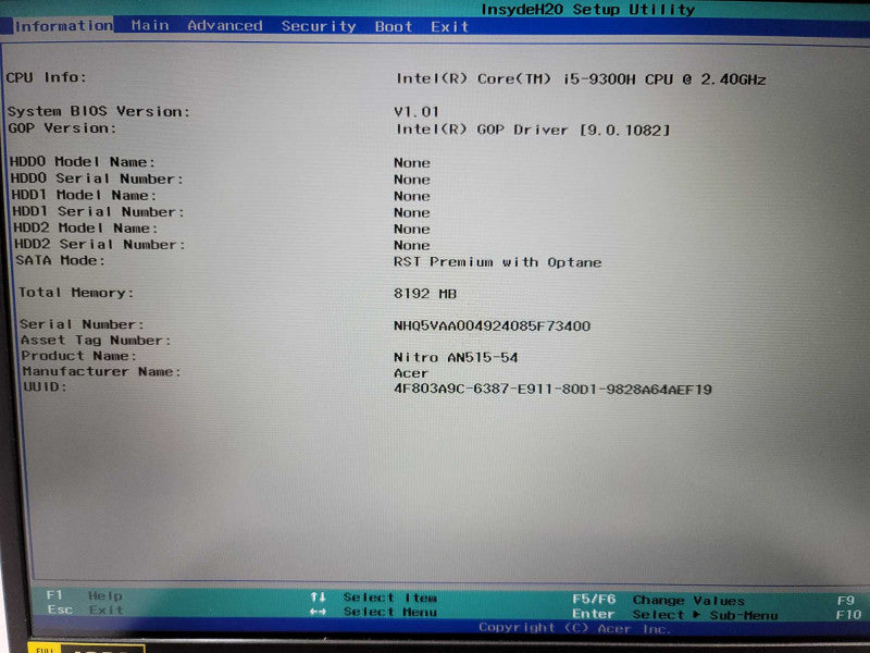 Acer Nitro 5 AN515-54 I5-9300H, 8GB DDR4, 4GB  GeForce1650, NO SSD, FOR PARTS Î²