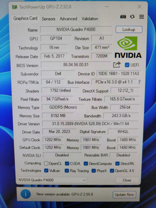 NVIDIA Quadro P4000 8GB GDDR5 Workstation GPU Q