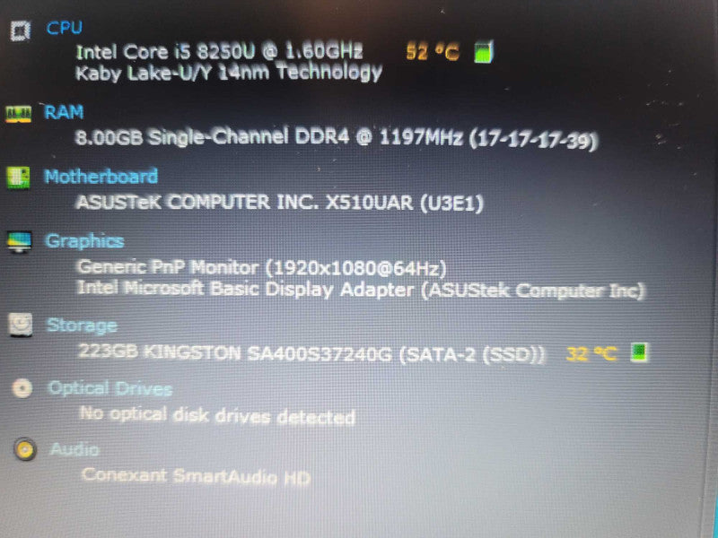 Asus Vivobook 15 x510u  i5-8250U@ 1.60GHz, 8GB DDR4, 256GB m.2  Î²