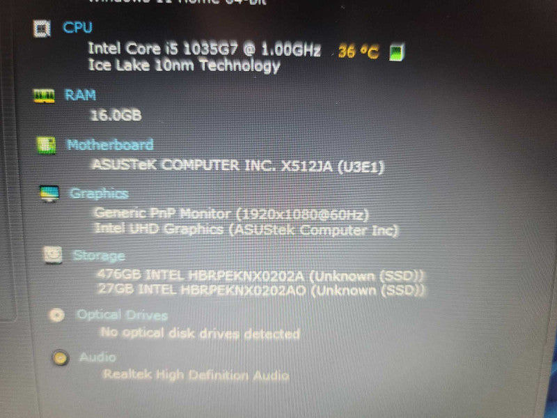 Asus Vivobook X512J i5-1035G7@ 1.00GHz, 16GB DDR4, 512GB SSD Î²