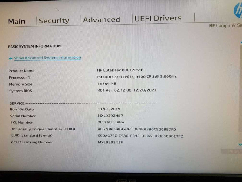 HP ELITEDESK 800 G5 SFF i5- 9500 CPU @ 3.00GHZ 16GB DDR4 Ram