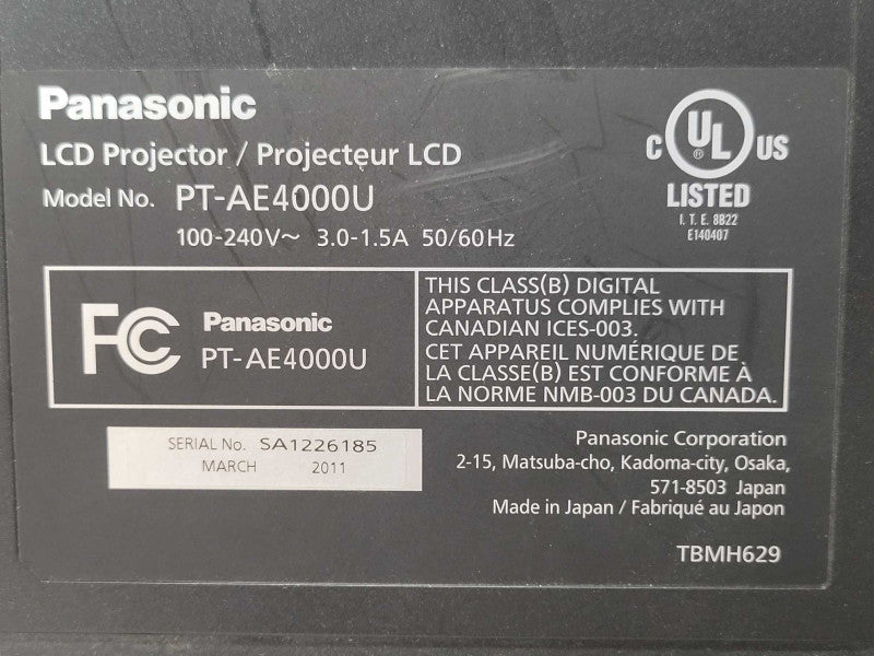 Panasonic PT-AE4000U LCD Projector with only 190H Lamp Runtime _