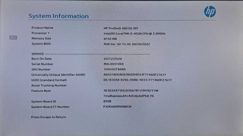HP ProDesk 400 G6 SFF i5- 9500 @ 3.00GHz 8GB DDR4 Ram 256GB M.2 )