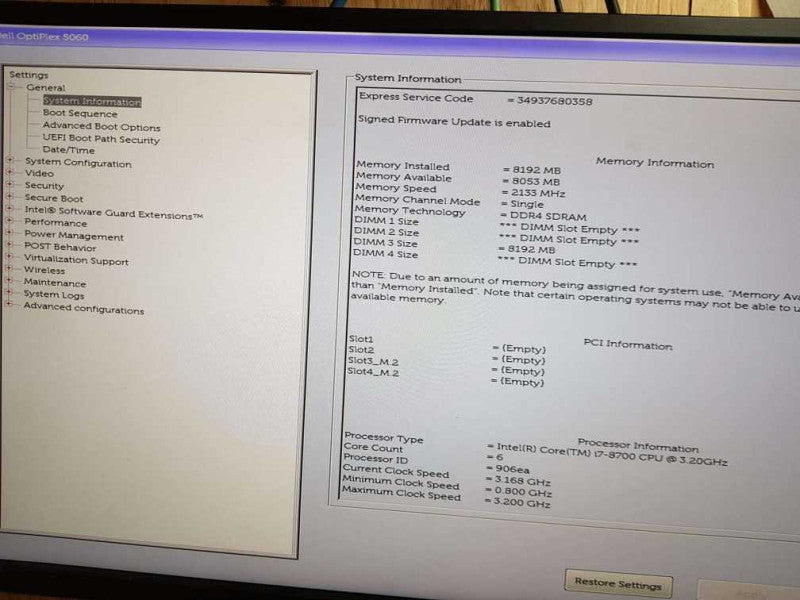 Dell Optiplex 5060 SFF i7- 8700 CPU @ 3.20GHz  8GB DDR4 Ram  Q