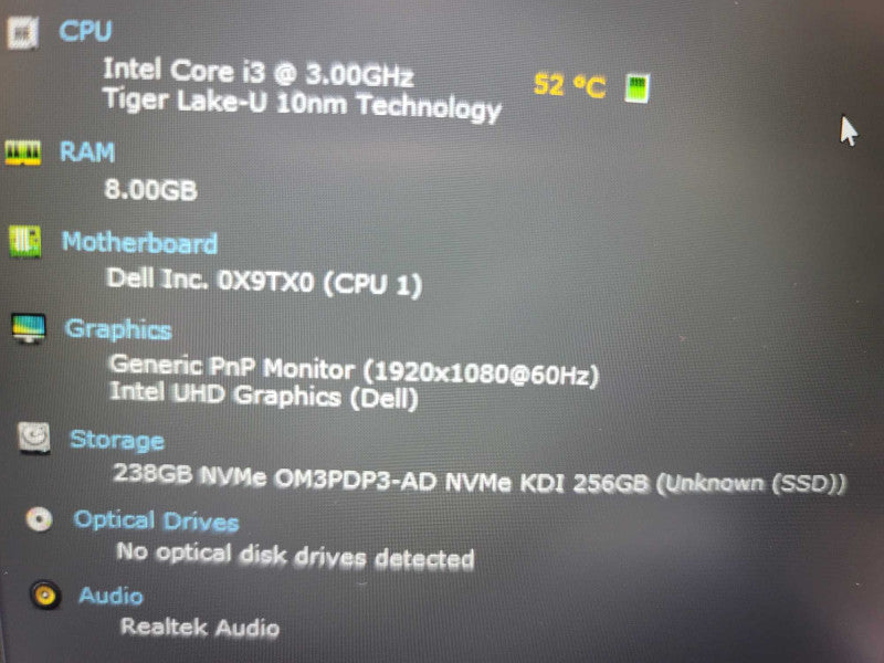 Dell Vostro 15 3500 i3-1115G4 @ 3.00GHz, 8GB DDR4, 256GB NVMe QÎ²